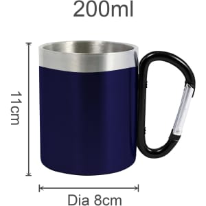 A 200ml recycled stainless steel mug in navy blue, featuring a silver rim and black carabiner handle.