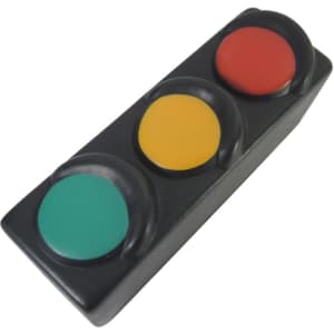 A traffic light shape stress reliever in black, featuring green, yellow, and red buttons. Includes a logo.