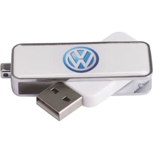 A white and silver flash drive featuring a logo, with a sleek design and metallic finish.