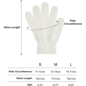 Plain white knitted gloves with a ribbed cuff, featuring a woven label for branding. Various sizes are available.