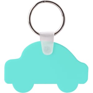 A turquoise car-shaped keyring with a silver metal keyring attachment. Features a branding logo.