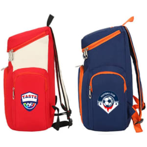 A red and navy blue basketball backpack with orange accents and a logo on each side.