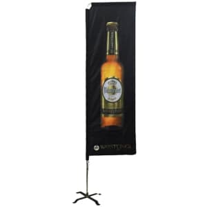 A tall rectangular banner featuring a bottle of beer on a black background, with a stand for display.