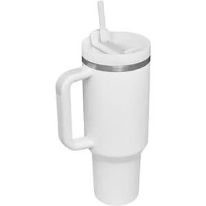 A white 1.2L stainless steel tumbler with a lid, straw, and a handle. Features a logo on the side.