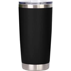 A drink bottle made of recycled stainless steel, featuring a black matte finish and a silver double wall. It has a logo.