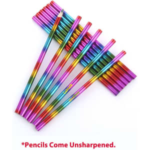 A set of long coloured pencils in vibrant rainbow hues, featuring a logo and no erasers.