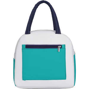 A colourful insulated lunch bag in white and teal, featuring a navy blue handle and a zippered pocket on the front.