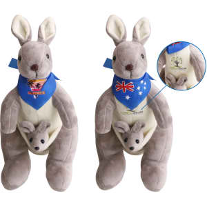 A soft grey kangaroo plush toy with a pouch containing a smaller kangaroo, featuring a blue scarf with a logo.