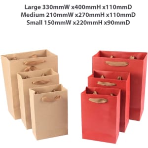 Small vertical paper bag in red with rope handle, measuring 150mmW x 220mmH x 90mmD, alongside larger bags in brown.