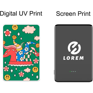 A colourful power bank featuring a playful design on one side and a sleek black finish with a logo on the other.