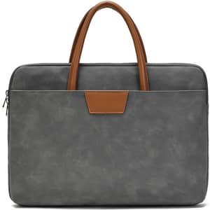 A grey suede PU leather laptop bag with brown handles and a sleek design. Features a logo on the front.