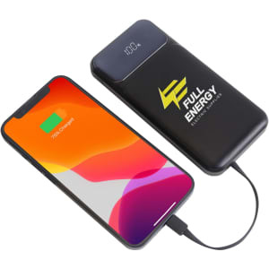 A black 10000mAh eco fast charging power bank next to a smartphone displaying a charging status.