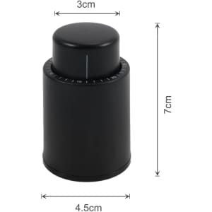 A black push button wine stopper with a scale, measuring 7cm in height and 4.5cm in diameter.