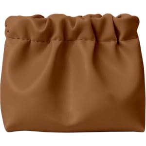 A portable makeup bag in a rich brown colour, featuring a gathered design and no zippers. It has a logo on it.