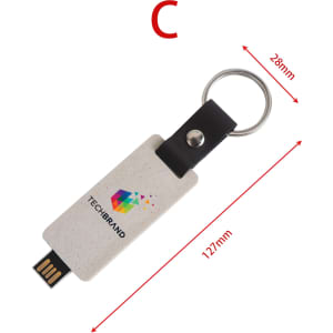 An eco-friendly mini flash drive keychain in cream with a logo and a metal keyring attachment.