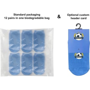 Low cut gripper socks packaged in a biodegradable bag, featuring blue socks in sets of twelve.