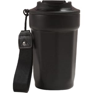 A drink bottle in sleek black stainless steel, featuring a double wall design and a detachable strap.