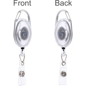 A retractable oval card holder in clear plastic, featuring a clip attachment on the back for easy use.
