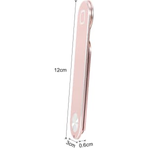 A rose gold laptop extension arm with dimensions of 12cm by 3cm by 0.6cm, featuring a logo.