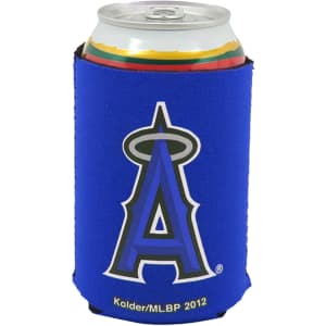 A drink can is inside a blue foldable stubby holder featuring a logo. The holder is designed for easy transport.