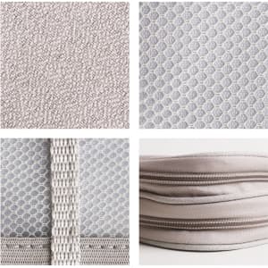 A collection of grey fabric textures, including woven patterns, mesh, and zippers, showcasing material details for a product.