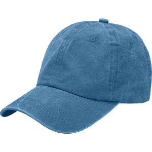 A vintage washed baseball cap in a soft blue colour, featuring a curved brim and an adjustable strap at the back.