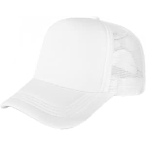 A white trucker cap with a solid front and mesh back, featuring a logo on the front.