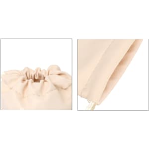 A close-up of a beige PU leather drawstring gift bag, featuring a gathered top and a smooth finish.