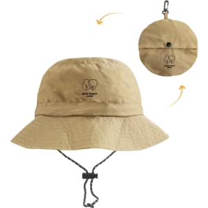 A foldable bucket hat in khaki with a branded logo, featuring a chin strap for secure wear.