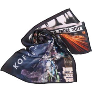 A patterned cooling towel featuring vibrant images, predominantly in dark tones with bright accents, and includes a logo.