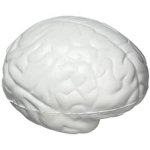 A white brain-shaped stress reliever featuring realistic texture and shape. It includes a logo.