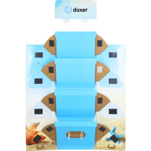 A premium cardboard floor display in light blue, featuring multiple compartments and a logo at the top.