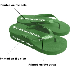 Green rubber thongs with printed branding on the sole and strap, featuring a textured footbed for comfort.