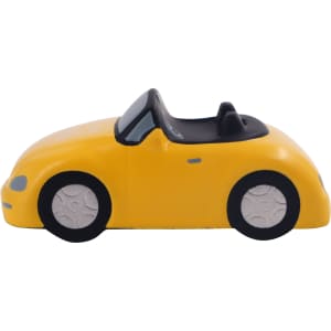 A yellow sports car-shaped stress reliever with black wheels and seating. It has a smooth, glossy finish.