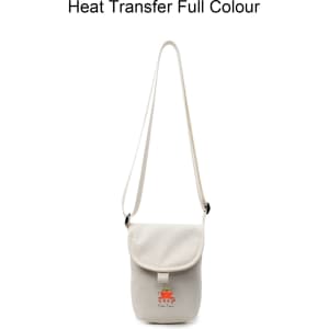 A small white canvas shoulder bag with a flap and a logo, featuring an adjustable strap.
