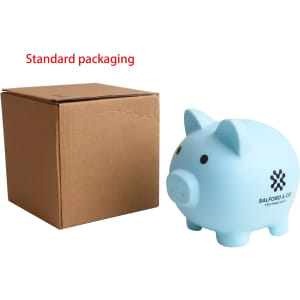 A light blue PVC piggy coin bank beside a plain brown box, featuring a logo on the bank.