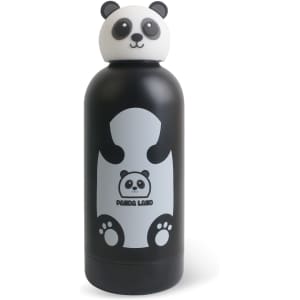 A drink bottle featuring a panda head lid, black body, and grey panda design with paw prints. It has a logo.