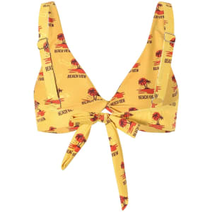 A yellow bikini top with a tied front, featuring a palm tree and beach view design. It has adjustable straps and a logo.