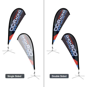 Teardrop banners in black with red accents, featuring a logo and available in single-sided and double-sided options.