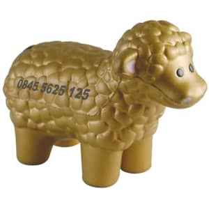 A golden sheep-shaped stress reliever with textured fur and a small logo on its side.