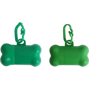 A green bone-shaped pet waste bag dispenser with a clip for easy attachment. It features a smooth plastic surface.
