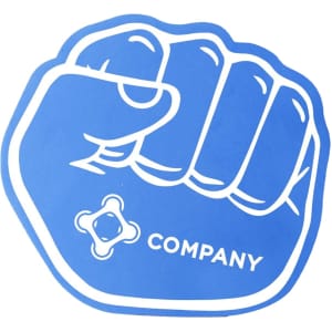 A blue foam mitt shaped like a fist, featuring a logo on the palm.