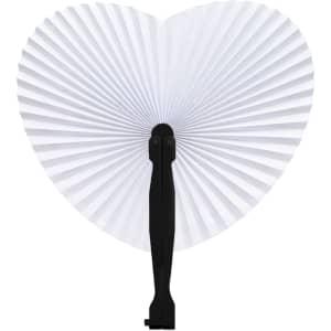 A heart-shaped plastic paper fan in white with a black handle, featuring pleated design.