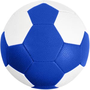 A blue and white machine-stitched PU handball featuring a classic hexagonal pattern and a logo.