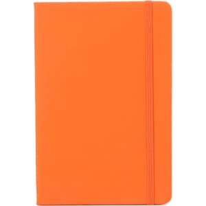 An orange PU A6 notebook with a smooth finish and an elastic band closure. It features a logo.