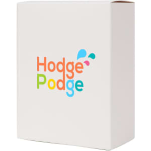 A small square gift box in white, featuring a multi-coloured logo. Dimensions: 100 x 130 x 50mm.
