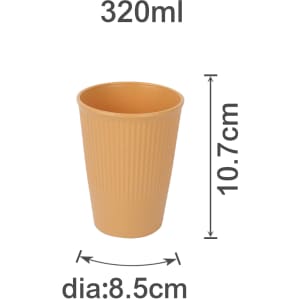 A 320ml wheat straw toothbrush cup in a tan colour with ribbed texture, displaying dimensions.
