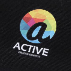 A black canvas pencil case featuring a colourful logo. Suitable for office and business use.