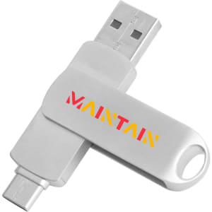 A silver double-end swivel Type C flash drive with a logo, featuring USB and Type C connectors.