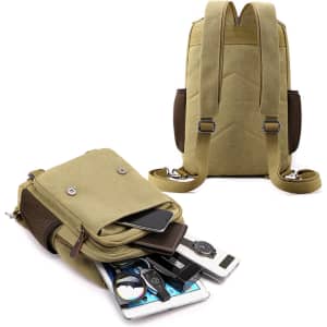 A khaki canvas sling backpack with brown accents, featuring multiple pockets and a variety of items inside.